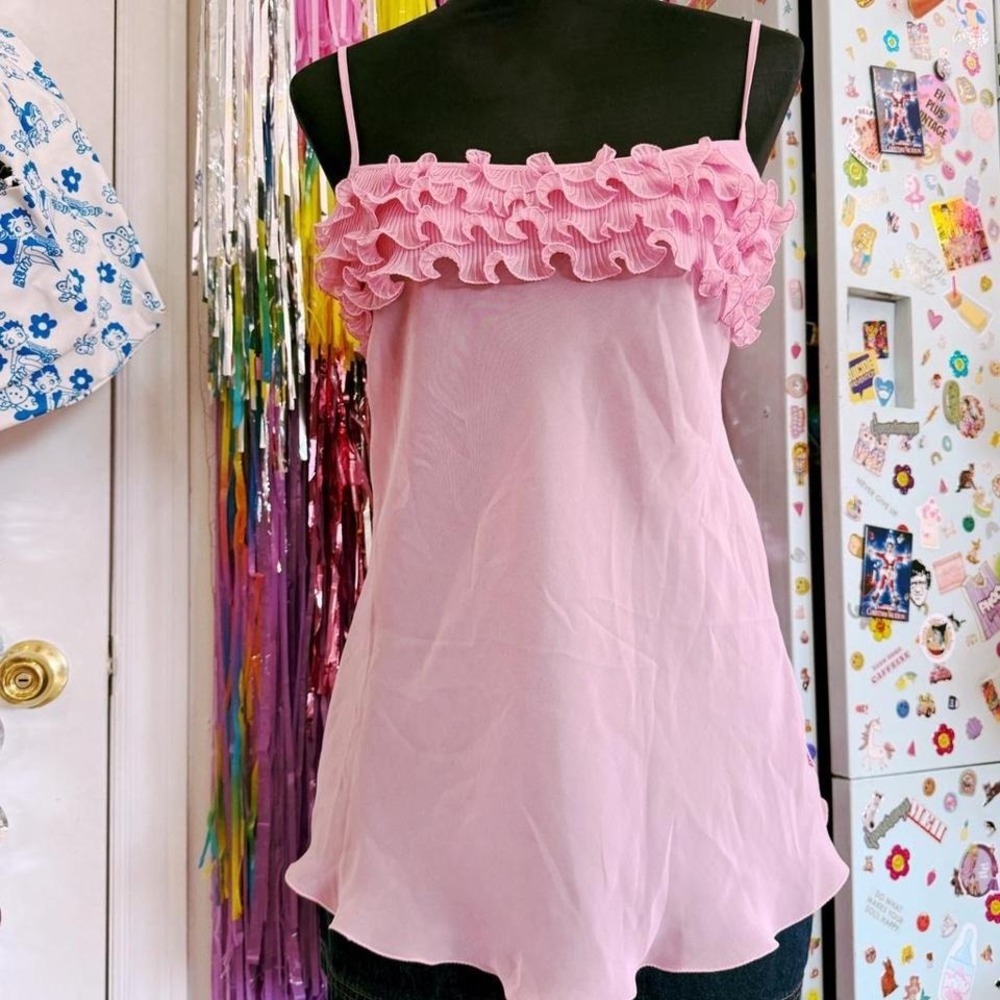Y2K 2000s baby pink sheer ruffle lasenza tank